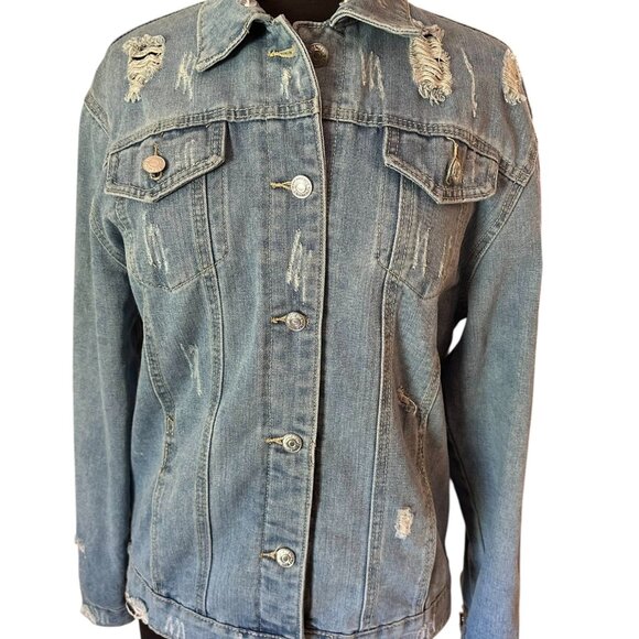 Womens Wash Distressed Ripped Destroyed Denim Jean Jacket Frayed Large 2 - Picture 2 of 13
